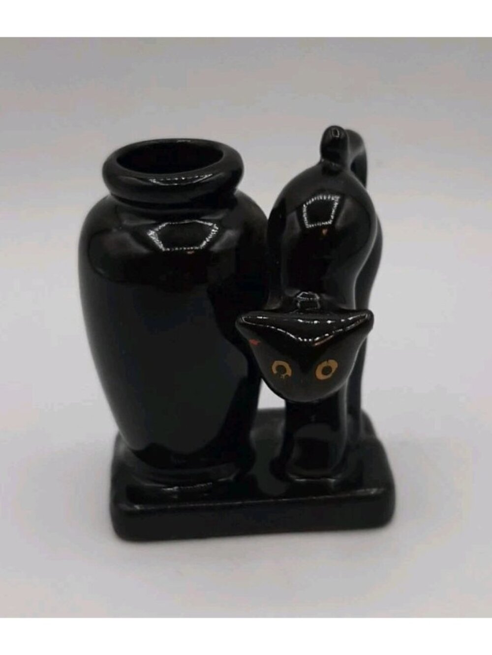 Vintage Redware Scaredy Black Cat Toothpick Holder Bud Vase Figurine Halloween